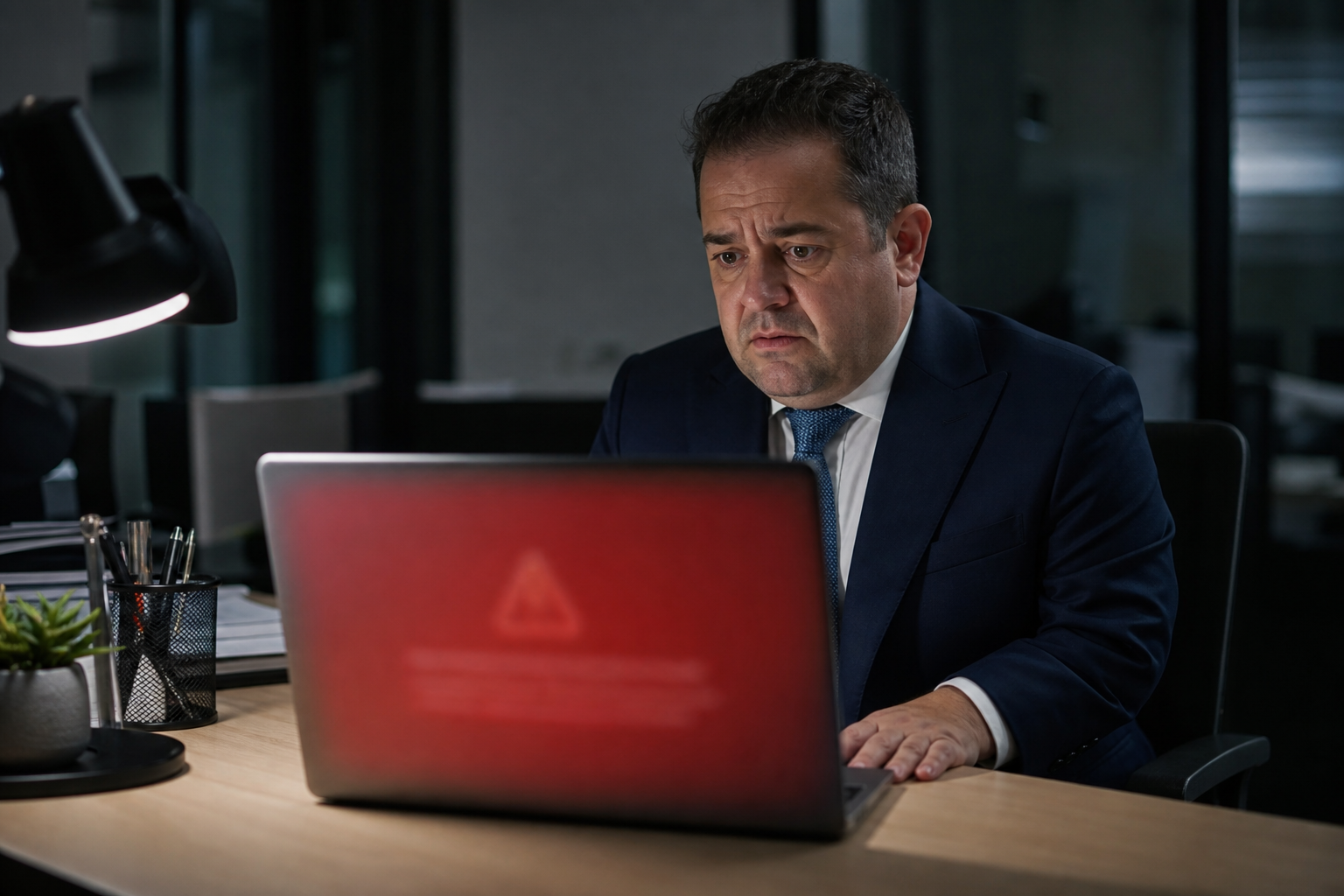 Indépendant inquiet face à un écran bloqué suite à une cyberattaque