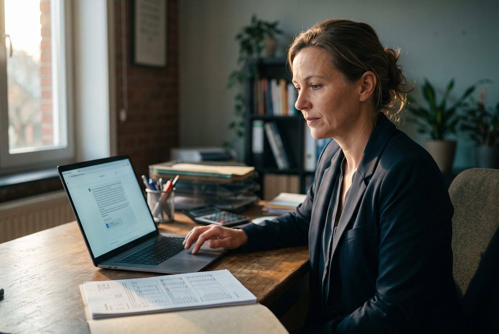 Gérante d'un petit bureau hésitant avant d'envoyer un document client dans un assistant IA