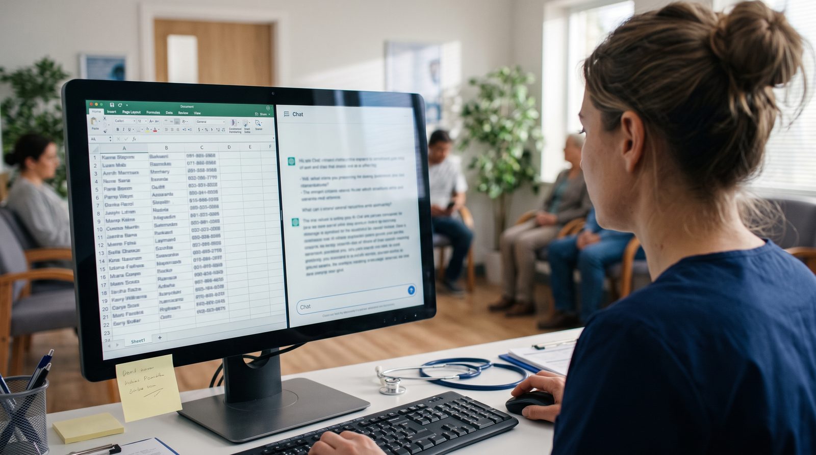 Collaboratrice d'un cabinet copiant un tableau de données clients dans un assistant IA