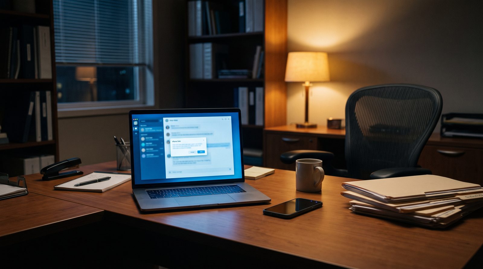 Petit bureau professionnel le soir, ordinateur portable ouvert sur une conversation partagée avec un assistant IA